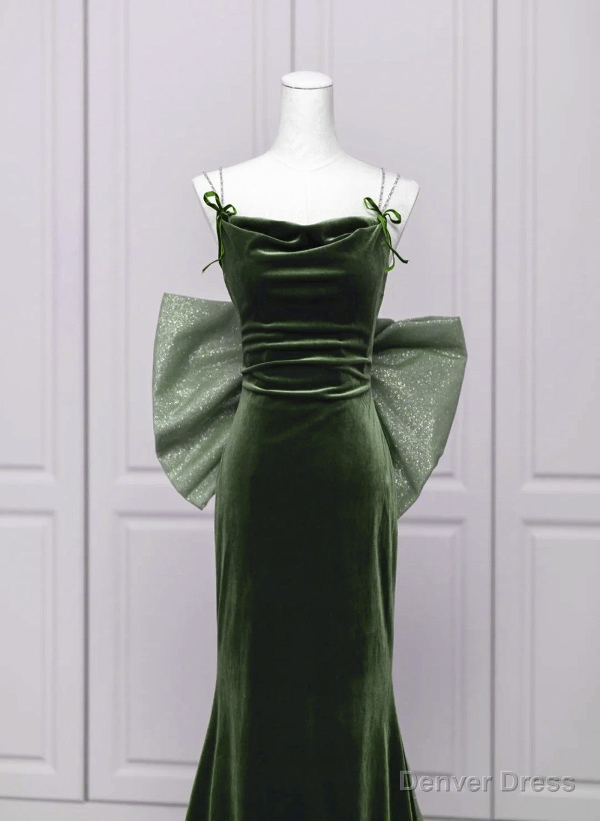 Green Velvet Straps Low Back Prom Dress, Green Velvet Prom Dresses