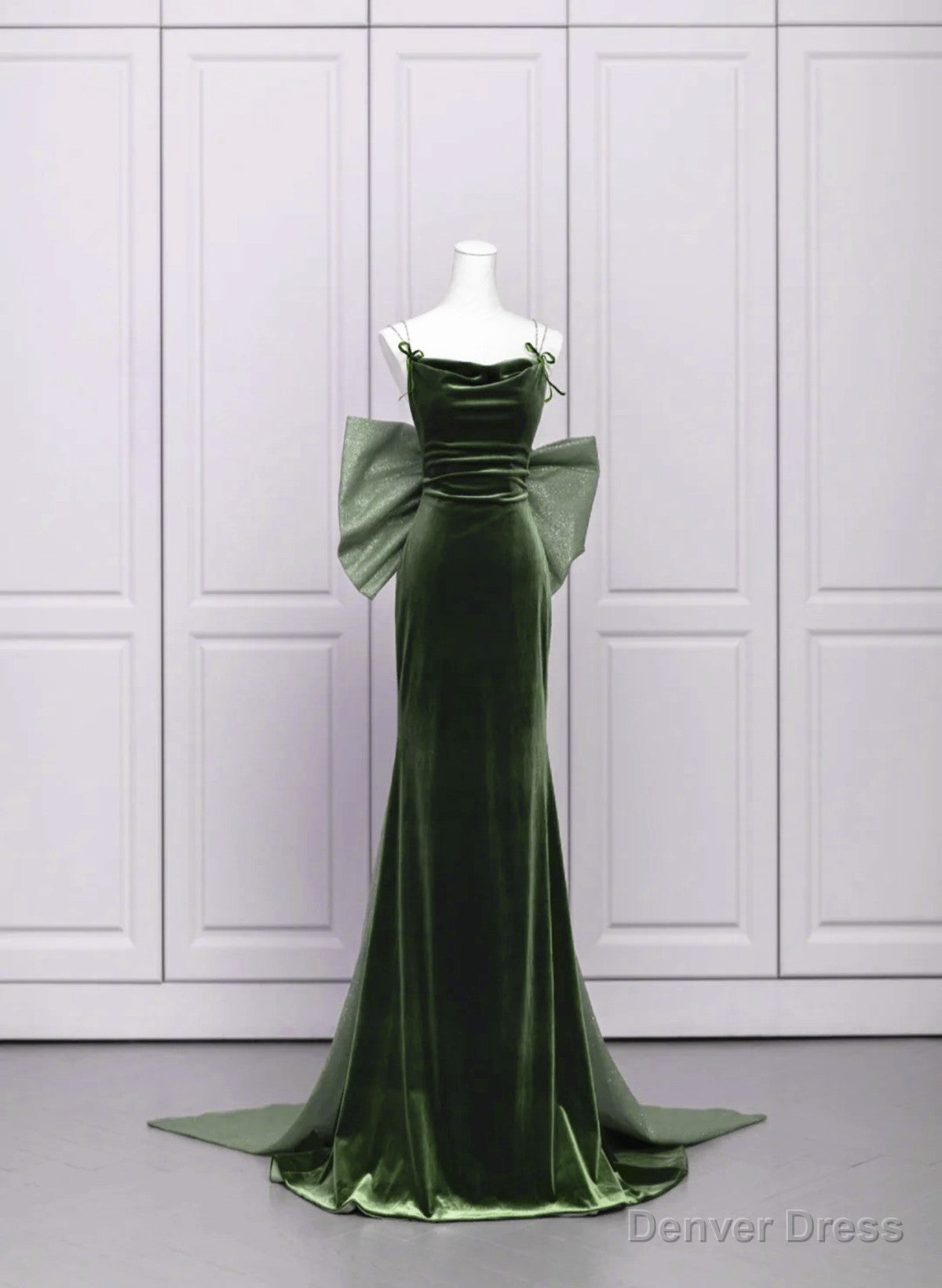 Green Velvet Straps Low Back Prom Dress, Green Velvet Prom Dresses Main image