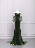 Green Velvet Straps Low Back Prom Dress, Green Velvet Prom Dresses