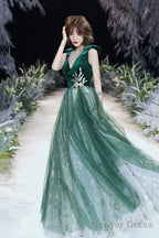 Green Velvet Tulle Long Prom Dresses, V-Neck Green Evening Dresses