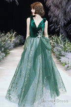 Green Velvet Tulle Long Prom Dresses, V-Neck Green Evening Dresses