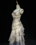 Green/Champagne Vintage Elegant Long Lace Ruffle Prom Dress