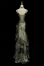Green/Champagne Vintage Elegant Long Lace Ruffle Prom Dress