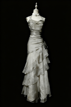 Green/Champagne Vintage Elegant Long Lace Ruffle Prom Dress