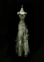 Green/Champagne Vintage Elegant Long Lace Ruffle Prom Dress