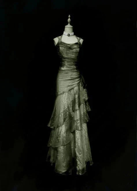 Green/Champagne Vintage Elegant Long Lace Ruffle Prom Dress Main image