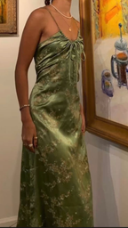 Vintage Green Floral Printed Satin Spaghetti Strap Midi Length Prom Dresses