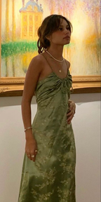 Vintage Green Floral Printed Satin Spaghetti Strap Midi Length Prom Dresses