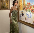 Vintage Green Floral Printed Satin Spaghetti Strap Midi Length Prom Dresses