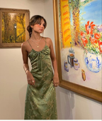 Vintage Green Floral Printed Satin Spaghetti Strap Midi Length Prom Dresses