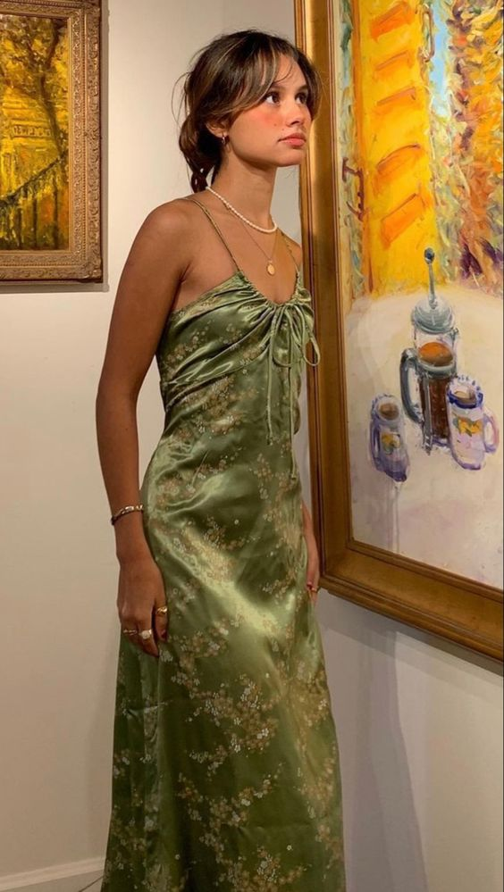 Green Vintage Printed Satin Prom Dress Midi Length Prom Dresses Secondary image