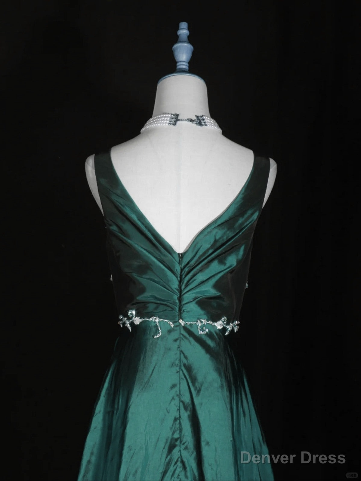 Green Vintage Style Taffeta with Lace Prom Dress, Green Long Prom Dresses