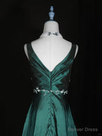 Green Vintage Style Taffeta with Lace Prom Dress, Green Long Party Dress