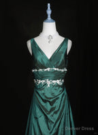 Green Vintage Style Taffeta with Lace Prom Dress, Green Long Party Dress