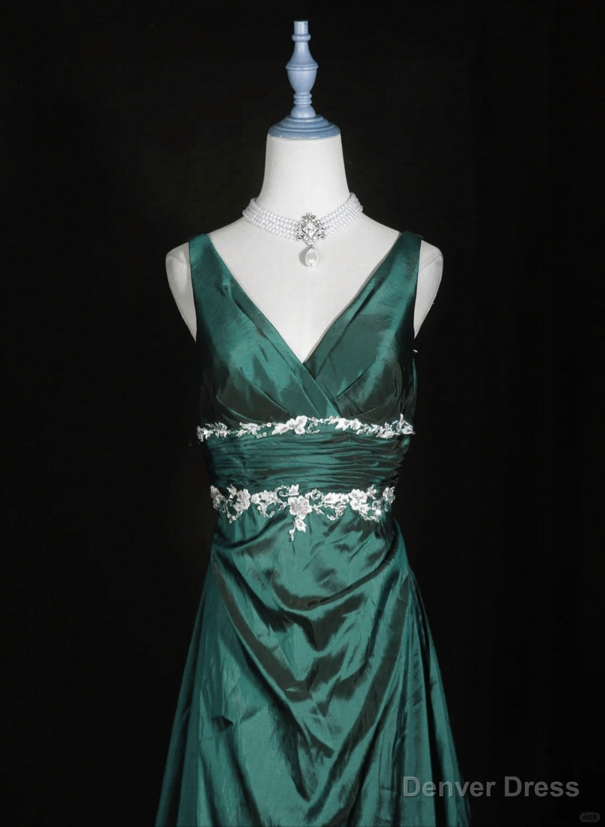 Green Vintage Style Taffeta with Lace Prom Dress, Green Long Party Dress
