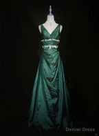 Green Vintage Style Taffeta with Lace Prom Dress, Green Long Party Dress
