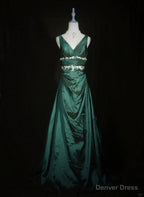 Green Vintage Style Taffeta with Lace Prom Dress, Green Long Prom Dresses