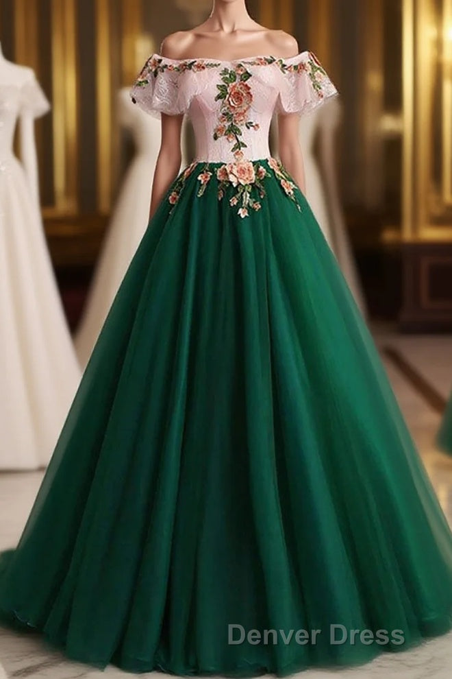 Green Off the Shoulder Floor Length Prom Dresses with Appliques, Puffy Quinceanera Dresses Main image