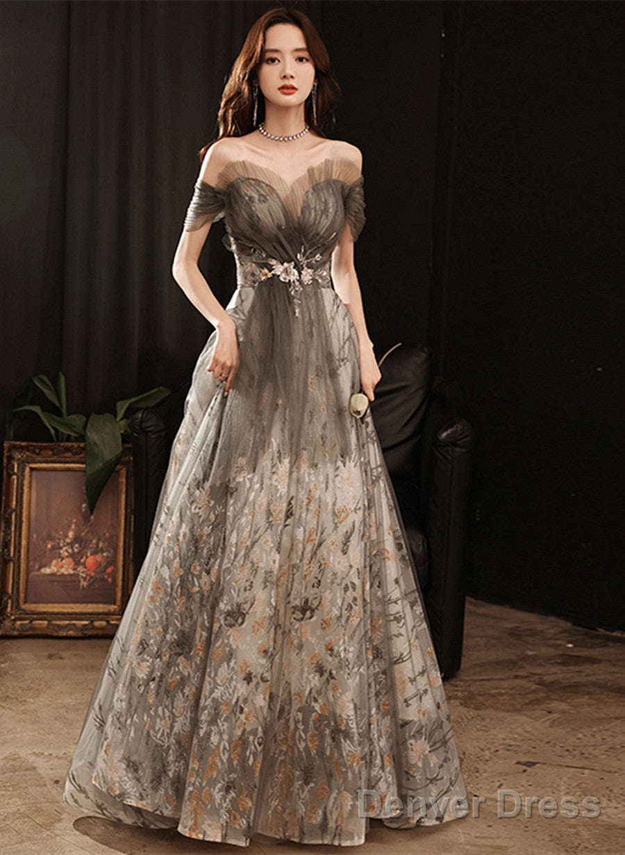 Grey A-Line Floral Tulle Off Shoulder Long Party Dress, Grey Floor Length Prom Dress Main image
