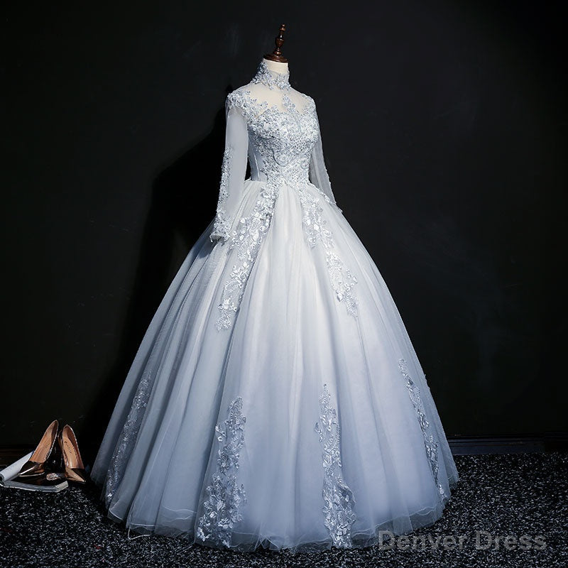 Grey A-line Long Sleeves with Lace Party Gown, Sweet 16 Dress