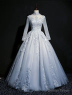 Grey A Line Long Sleeves with Lace Prom Gowns, Sweet 16 Dresses