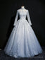 Grey A Line Long Sleeves with Lace Prom Gowns, Sweet 16 Dresses