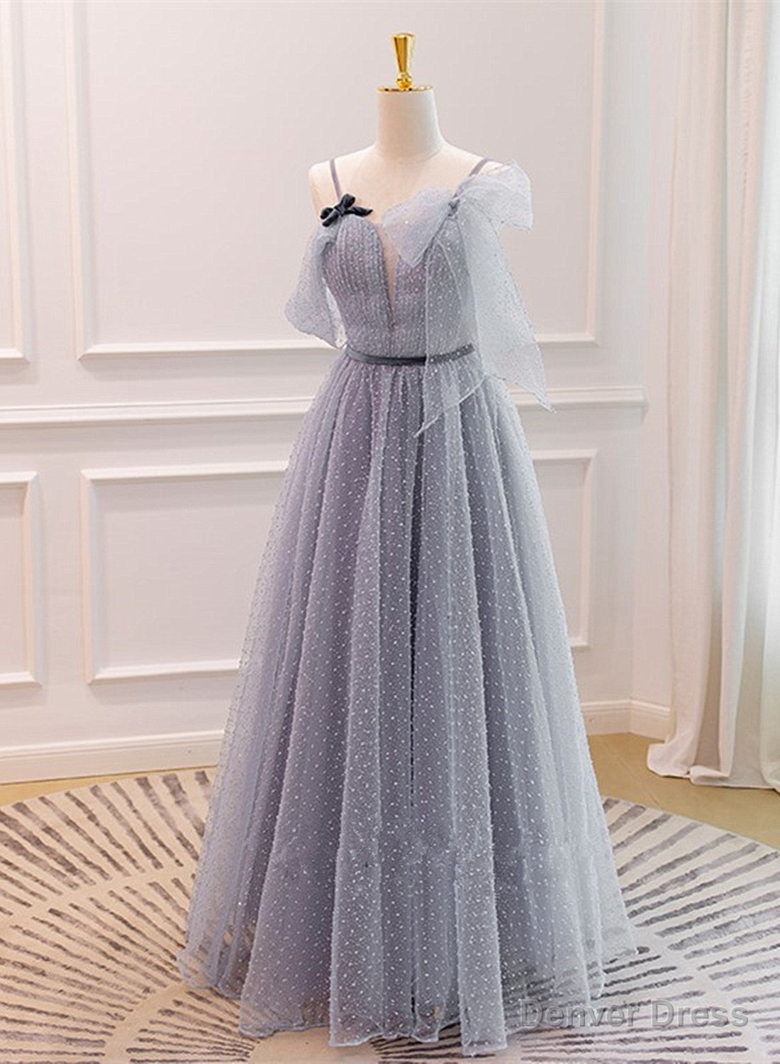 Grey A-line Straps Tulle Floor Length Party Dress, Grey Evening Dress Graduation Dress Main image