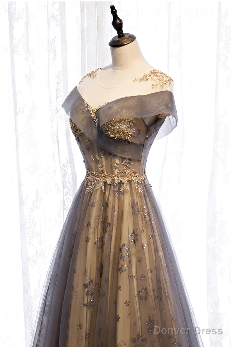 Grey A-line Tulle and Lace Long Prom Dress, Round Neckline Party Dress