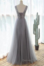 Grey A-Line Tulle With Lace Long Formal Dresses V-Neckline Prom Dresses Sleeveless December Wedding Guest Dresses