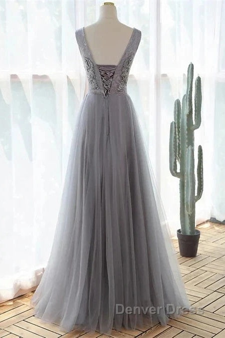 Grey A-Line Tulle With Lace Long Formal Dresses V-Neckline Prom Dresses Sleeveless December Wedding Guest Dresses