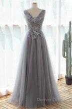 Grey A-Line Tulle With Lace Long Formal Dresses V-Neckline Prom Dresses Sleeveless December Wedding Guest Dresses