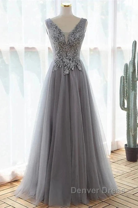 Grey A-Line Tulle With Lace Long Formal Dresses V-Neckline Prom Dresses Sleeveless December Wedding Guest Dresses