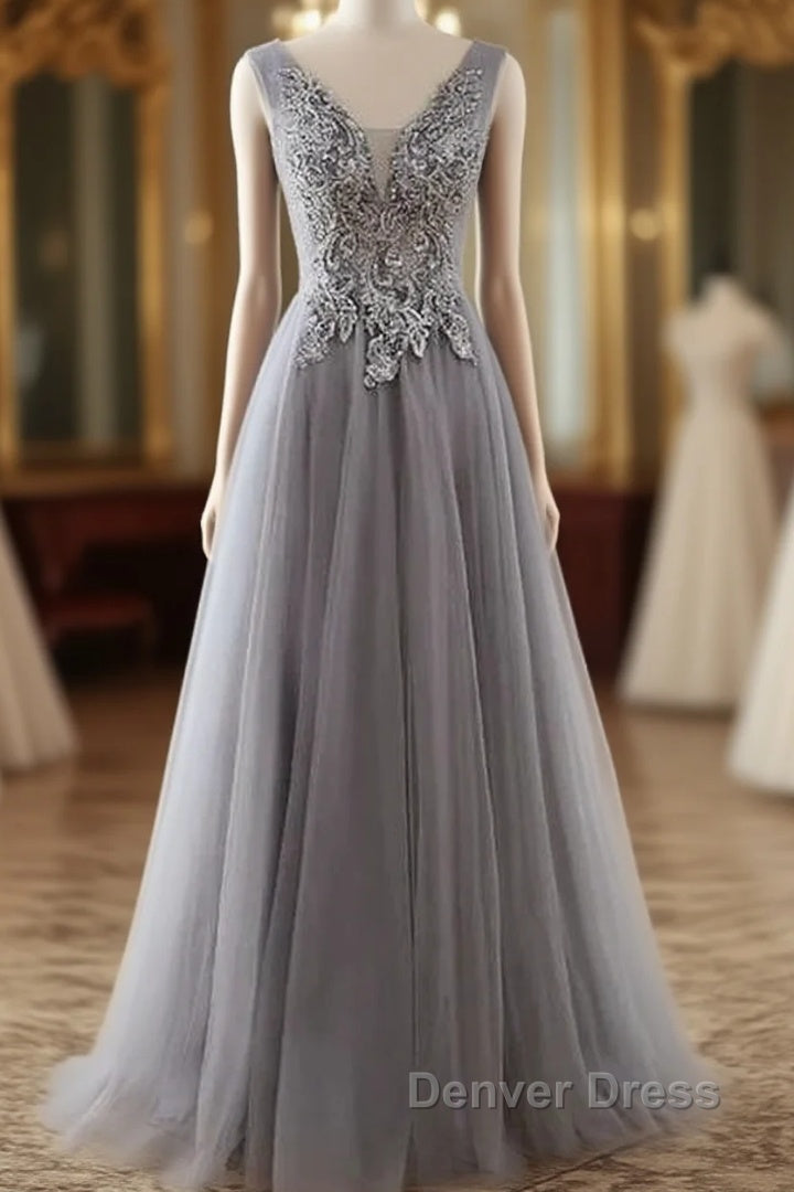 Grey A-Line Tulle With Lace Long Formal Dresses V-Neckline Prom Dresses Sleeveless December Wedding Guest Dresses Main image