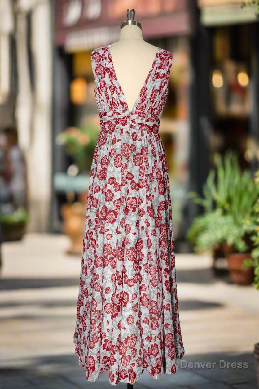 Grey and Pink Floral Long Bridesmaid Dresses