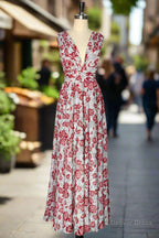 Grey and Pink Floral Long Bridesmaid Dresses