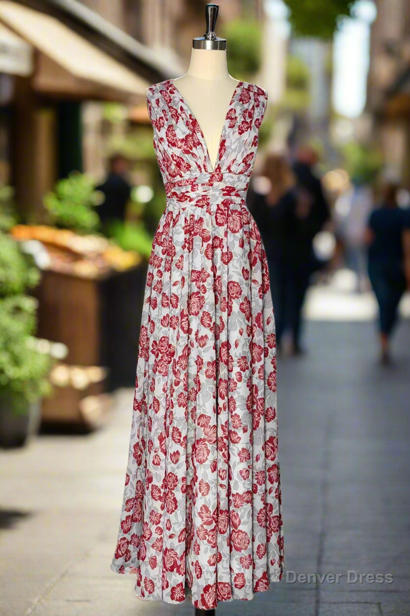 Grey and Pink Floral Long Bridesmaid Dresses