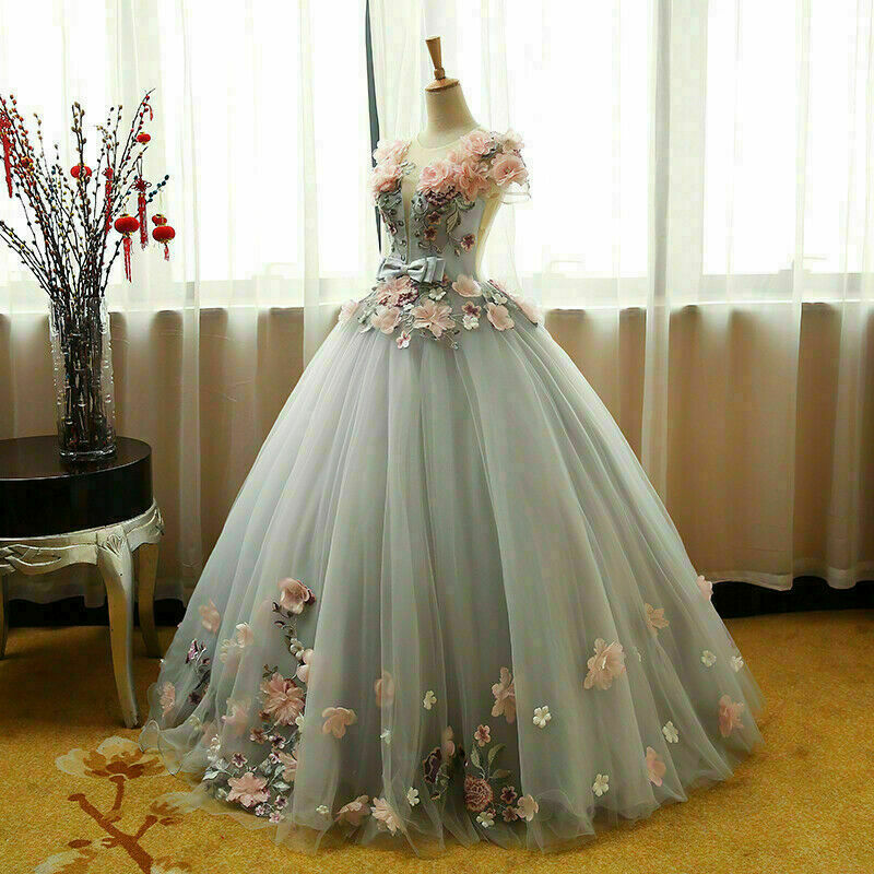 Grey Ball Gowns 3D Flowers Princess Prom Gowns, Sweet 16 Prom Dress Grey Prom Dresses Secondary image