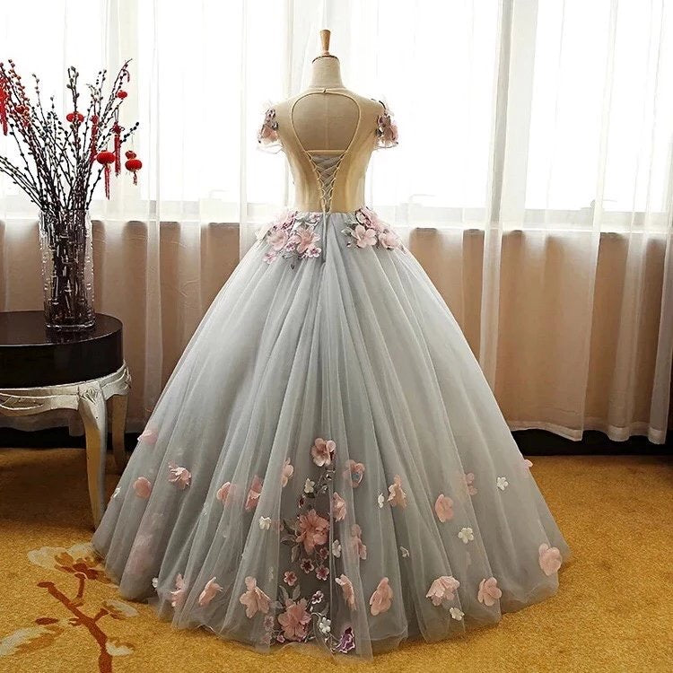 Grey Ball Gowns 3D Flowers Princess Prom Gowns, Sweet 16 Prom Dress Grey Prom Dresses