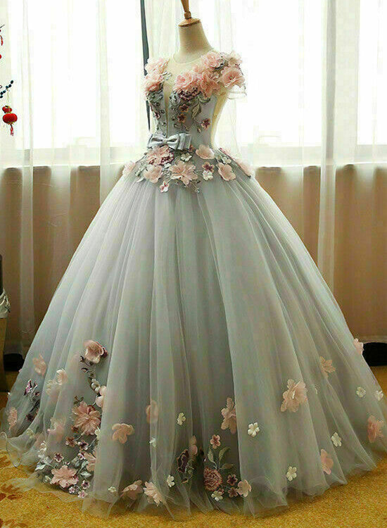 Grey Ball Gowns 3D Flowers Princess Prom Gowns, Sweet 16 Prom Dress Grey Prom Dresses Main image