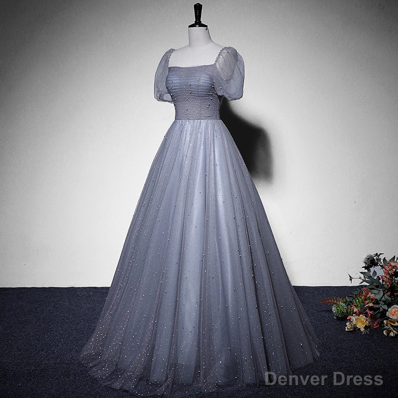 Grey Beaded Tulle Long Prom Dress Prom Dress, Grey Prom Gowns Prom Dresses