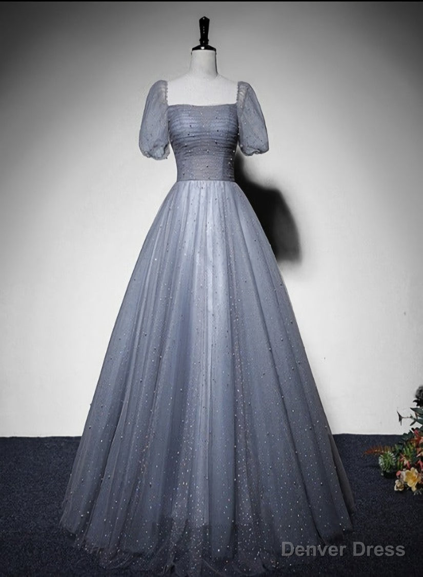 Grey Beaded Tulle Long Prom Dress Prom Dress, Grey Prom Gowns Prom Dresses