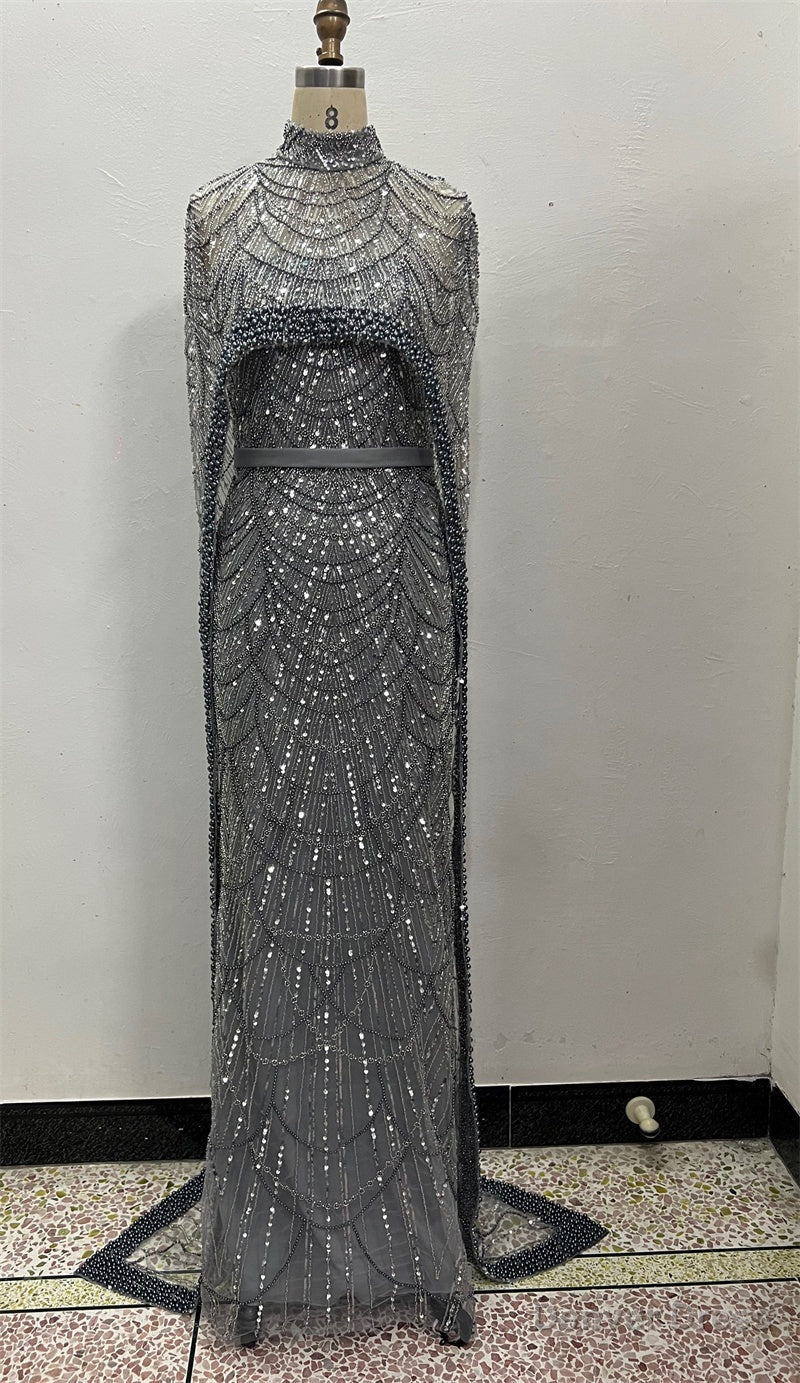 Grey Beading Prom Dress Sweep Train High Neck Zipper Sleeveless Prom Dresses Secondary image