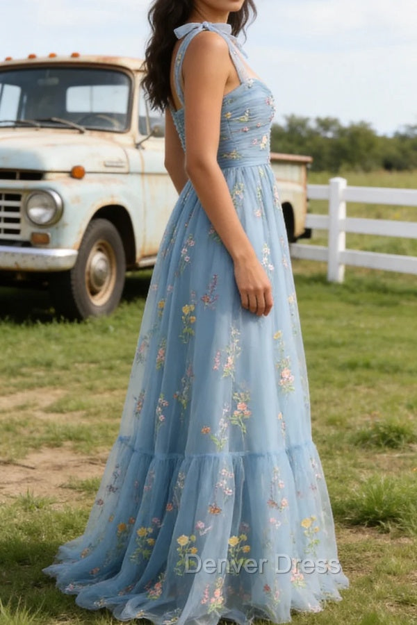 Grey Blue A-Line Spaghetti Straps Tulle Long Prom Dress With Embroidery Secondary image