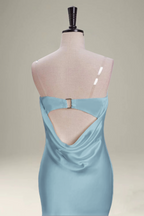 Grey Blue Mermaid Strapless Floor Length Satin Bridesmaid Dresses
