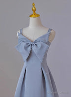Grey Blue Tea Length Satin Straps Prom Dress, A Line Wedding Prom Dresses