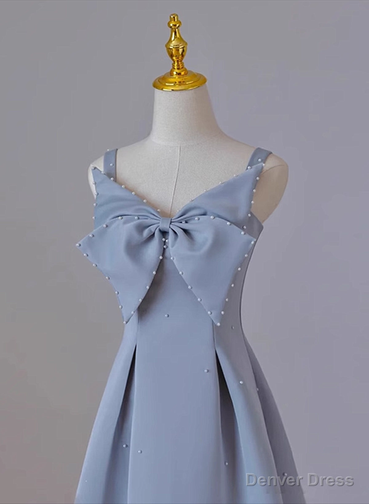 Grey Blue Tea Length Satin Straps Prom Dress, A Line Wedding Prom Dresses