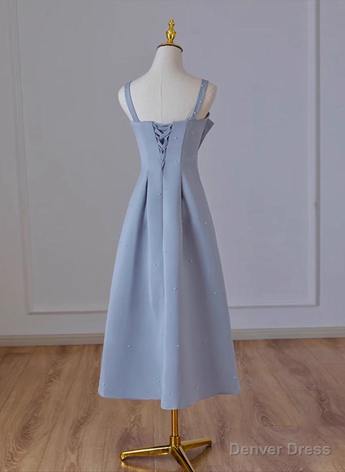 Grey Blue Tea Length Satin Straps Formal Dress, A-line Wedding Party Dress Secondary image