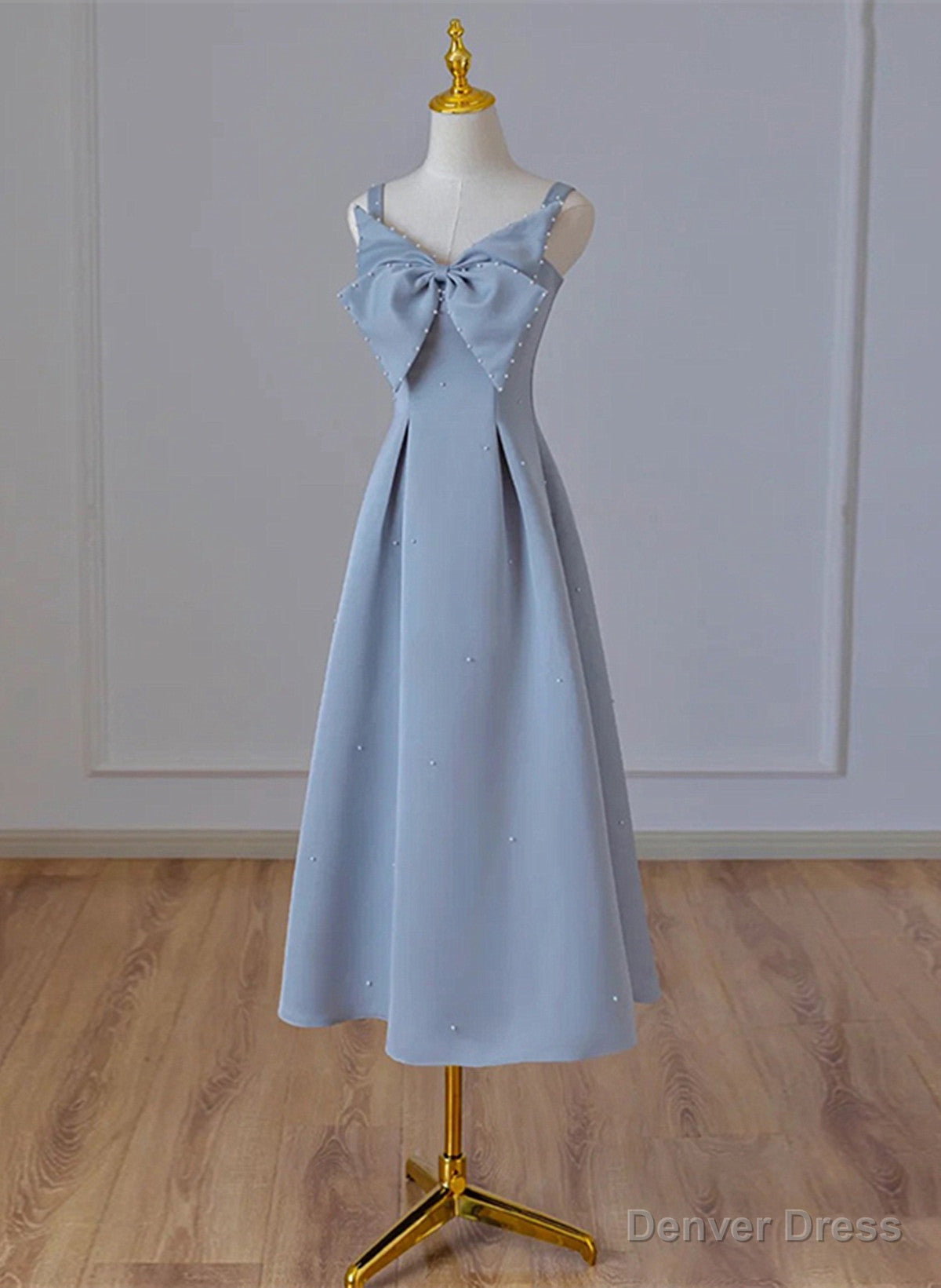 Grey Blue Tea Length Satin Straps Prom Dress, A Line Wedding Prom Dresses