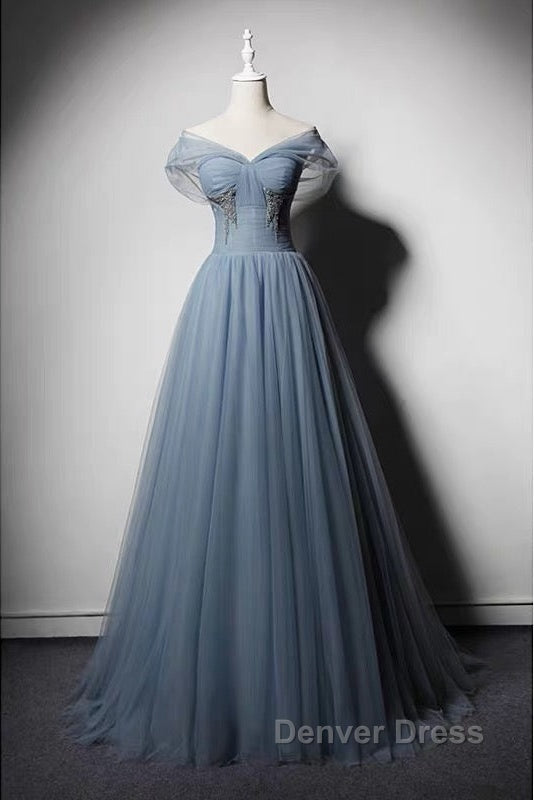 Grey-Blue Tulle Off Shoulder Beaded Long Prom Dresses Party Dresses, Long Evening Gowns Secondary image