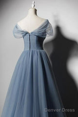 Grey-Blue Tulle Off Shoulder Beaded Long Prom Dress Party Dress, Long Evening Gowns
